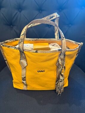 LAND mustard Yellow Leather Tote with Snake-Print Trim and Tassel Charm